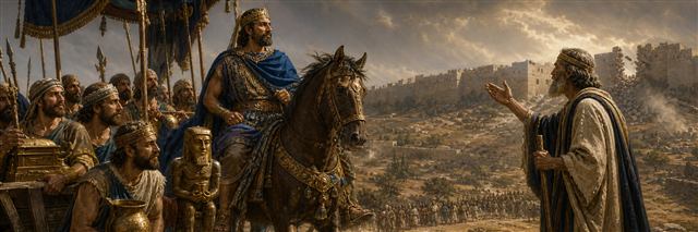 A prophet confronting proud King Amaziah beside foreign idols and distant breached walls